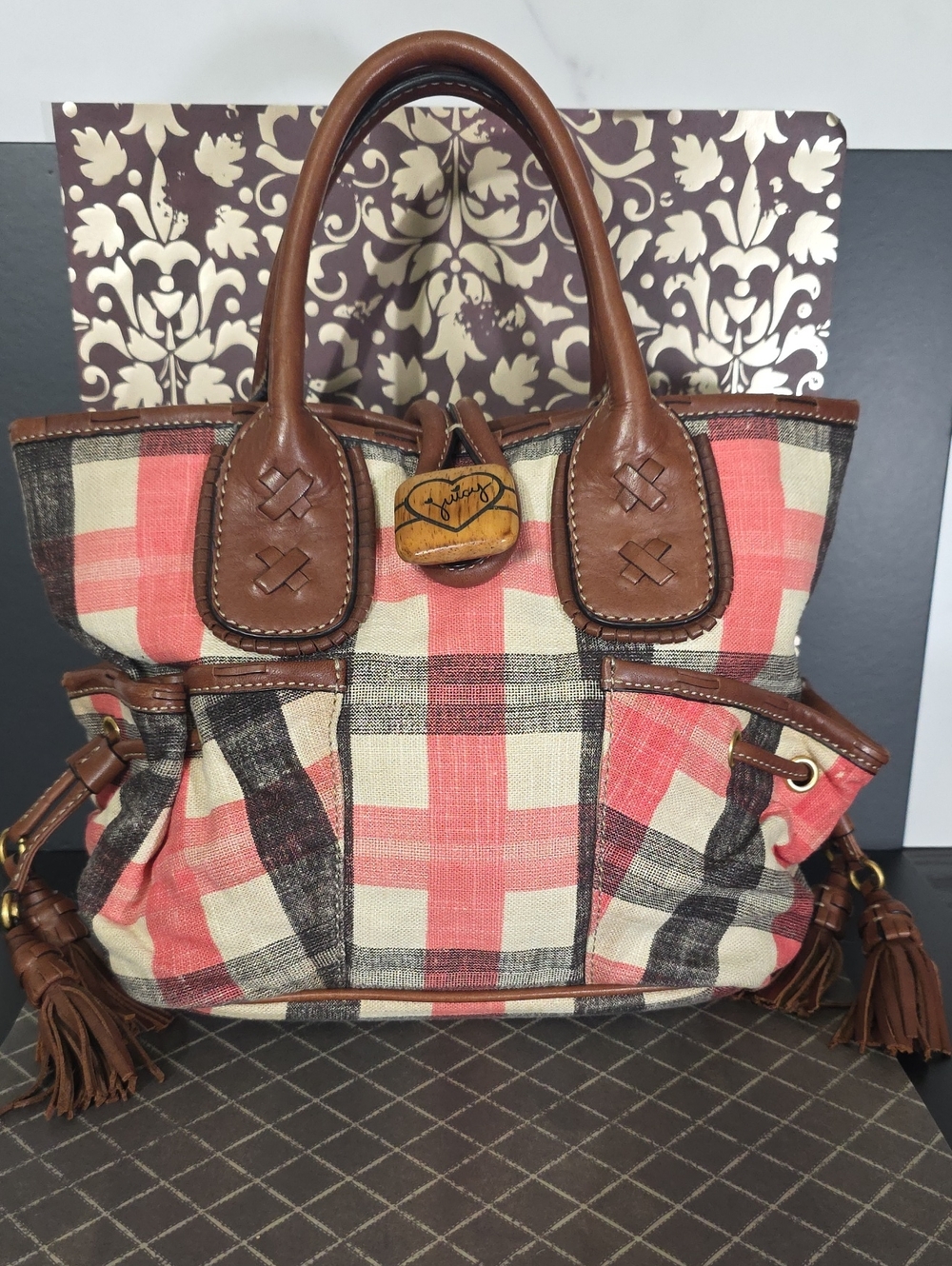 Juicy Couture plaid Canvas small tote small bag with leatger tessals